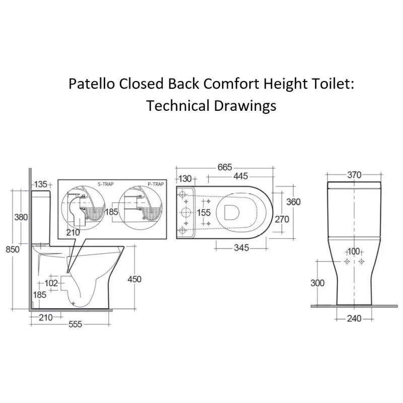 Patello Closed Back Comfort Height Technical Drawings