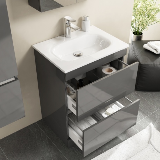 Pemberton Floor Standing Handless 2 Draw Unit Grey With Glass Stone Basin