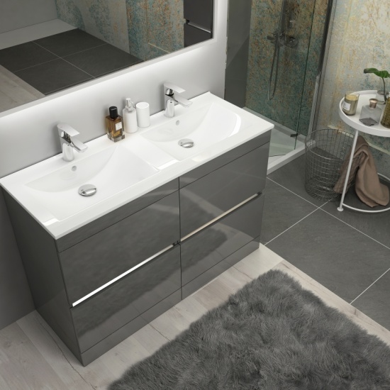 Pemberton 1200mm Grey freestanding handleless 4 drawers double basin unit