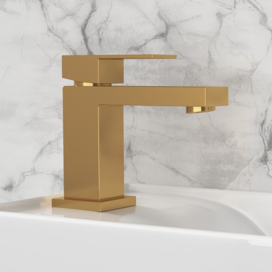 Angled Top View of Small Basin with Gold Mixer Tap and Gold Click Waste