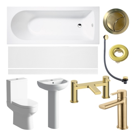 Aureus complete bathroom suite with 1700mm bath basin toilet brushed brass taps