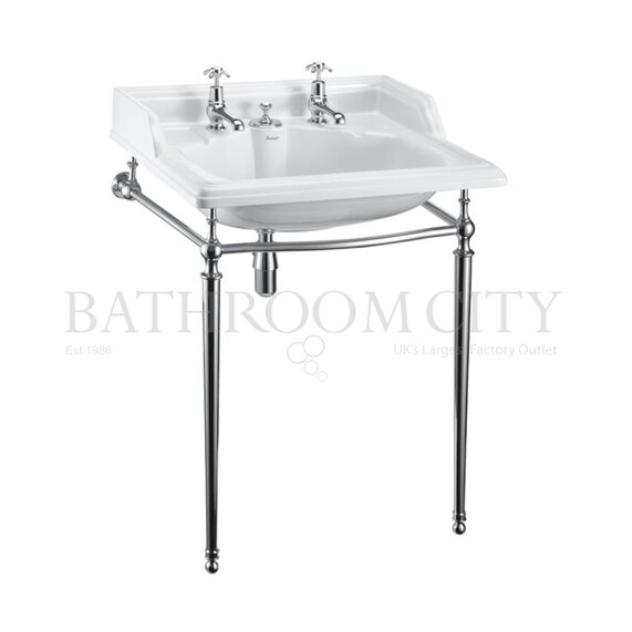 650mm White Classic 2 Tap Hole Basin with Chrome Stand - Burlington (Integrated Waste & Overflow)