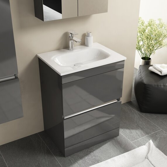 Pemberton Grey 600 Floorstanding Double Drawer Vanity Unit With White Stone Basin