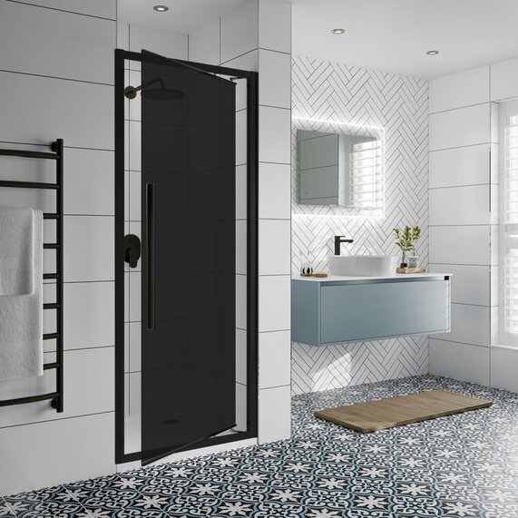 Various Sizes - Black 8mm Shower Door with Dark Glass - In Swing, Black Frame, Optional Side Panel, Jaquar