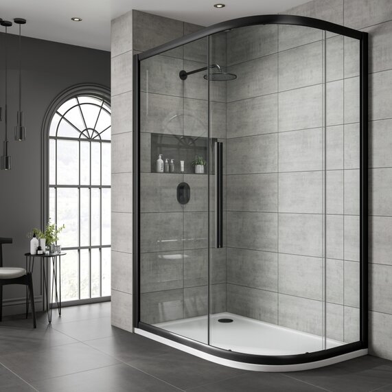 1200 x 800 - Black 8mm Shower Enclosure with Clear Glass - Offset Quadrant, One Door, Black Frame, Jaquar