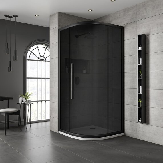 900mm Width - Black 8mm Shower Enclosure with Dark Glass - Quadrant, One Door, Black Frame, Jaquar