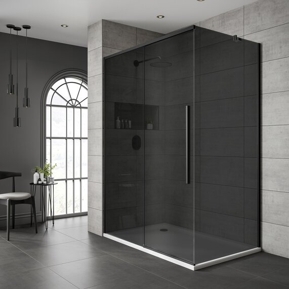 1200mm, 1400mm, 1500mm, 1700mm - 8mm Black Shower Door with Dark Glass - Sliding, Black Frame, Optional Side Panel, Jaquar