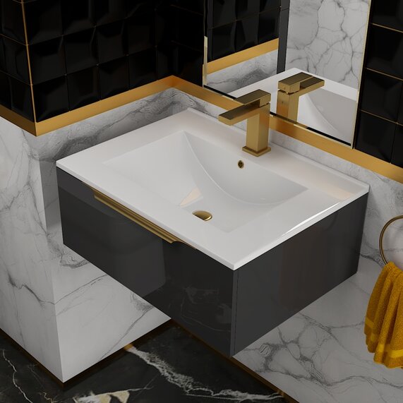 600mm Basin Unit - Jivana Grey Wall Hung - Gold Handles, Optional Gold Tap & Waste