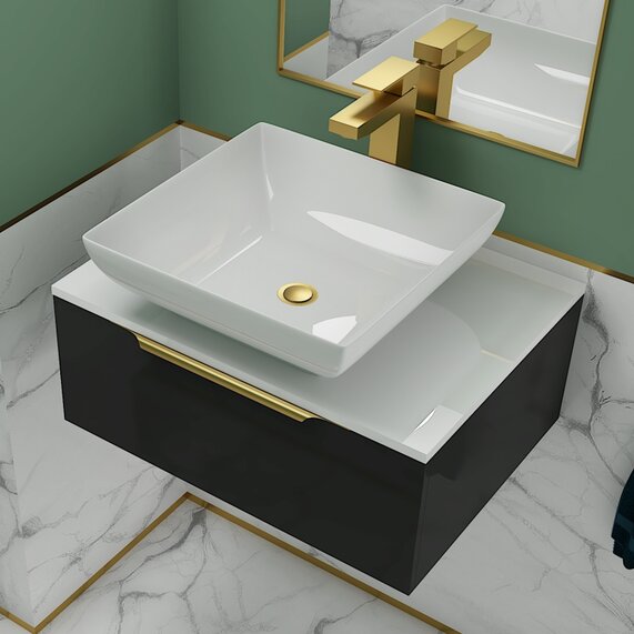 600mm Countertop Basin Unit - Jivana Grey Wall Hung - Single Drawer, Gold Handles, Optional Gold Tap & Waste