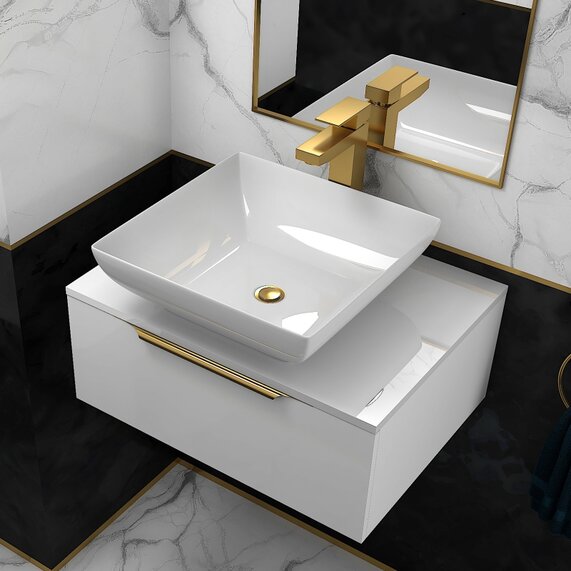 600mm Countertop Basin Unit - Jivana White Wall Hung - Single Drawer, Gold Handles, Optional Gold Tap & Waste