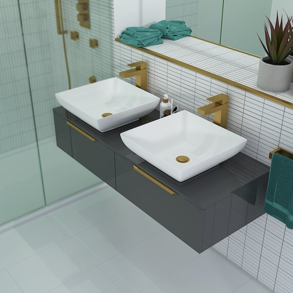 1200mm Double Countertop Basin Unit - Jivana Grey Wall Hung - Gold Handles, 2 Sit-on Basins, Optional Gold Tap & Waste