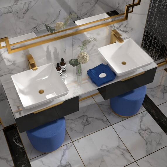 1500mm Large Double Sink Unit - Jivana Grey Wall Hung - Gold Handles, 2 Sit-on Basins, Optional Gold Tap & Waste