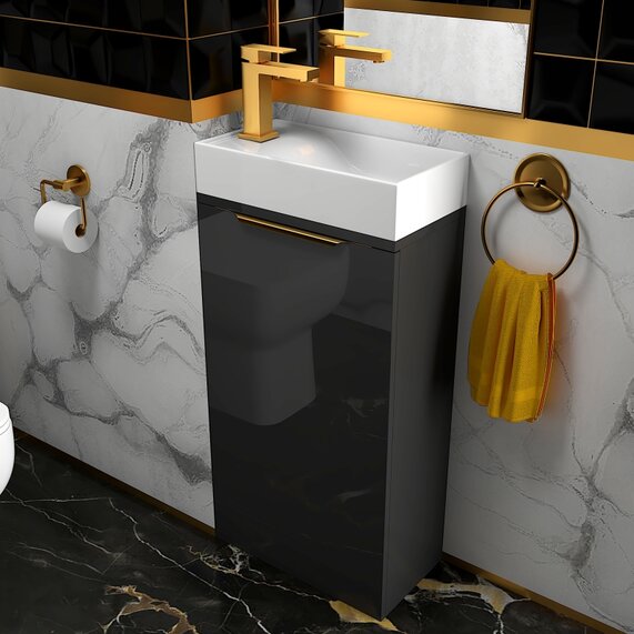 400mm Small Basin Unit - Jivana Grey Floorstanding Cloakroom Vanity - Gold Handle, Optional Gold Tap & Waste