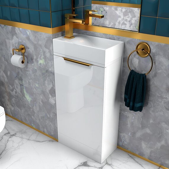 400mm Small Basin Unit - Jivana White Floorstanding Cloakroom Vanity - Gold Handle, Optional Gold Tap & Waste