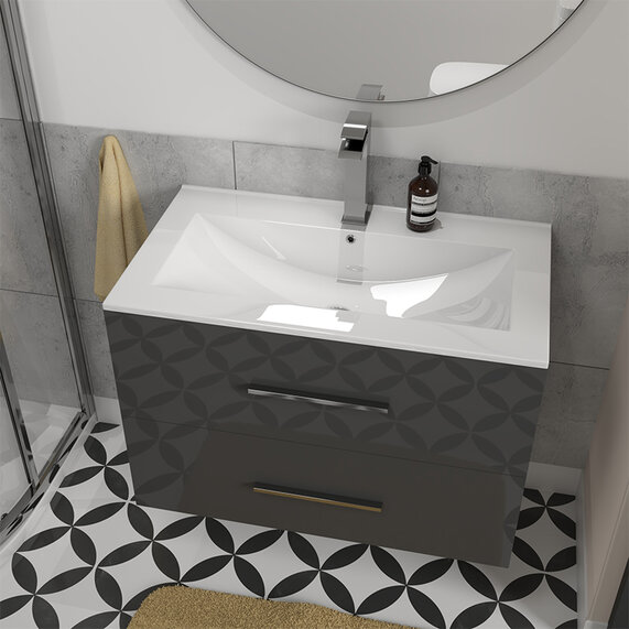 Sonix Grey Wall Hung 610mm Vanity Unit 2 Drawers Ceramic Basin