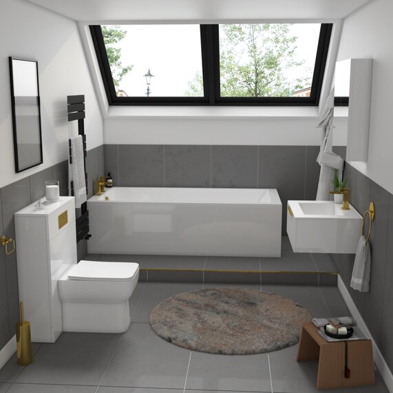 600 Wall Hung White Vanity Unit, WC Toilet Unit, Single-ended Bath - Jivana Bath Suite