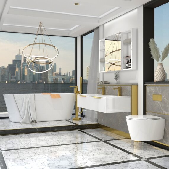 1200 Twin Sink Vanity, Wall Hung Rimless Toilet, Freestanding Bath - Jivana White Bath Suite