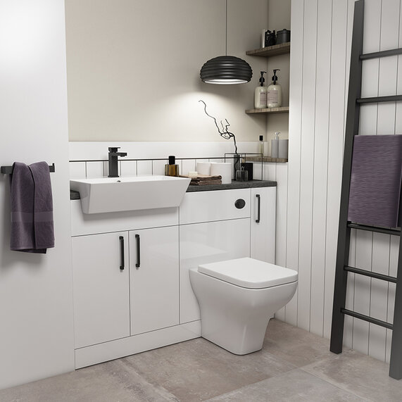 Oliver 1300 Unit with Sink, Toilet, Storage, Black Tap & Black Handles: Bathroom Fitted Furniture Set