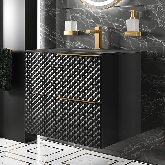 Elvia 600 Black Vanity Unit & Black Glass Sink | Gold Handles