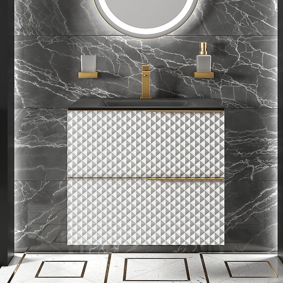 Elvia 600 White Vanity Unit & Black Glass Basin | Gold Handles