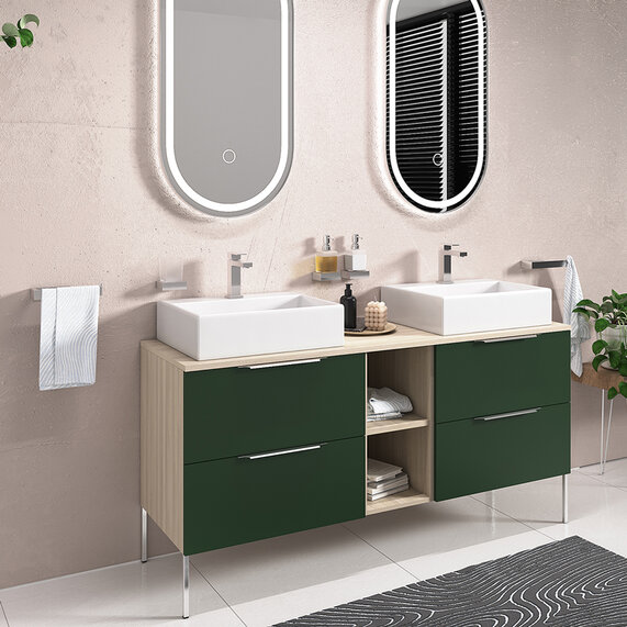 1500mm Green Double Vanity Unit with 500mm Basin & Light Oak Worktop - Alani Wall Hung (Fixtures in Gold, Black or Chrome)