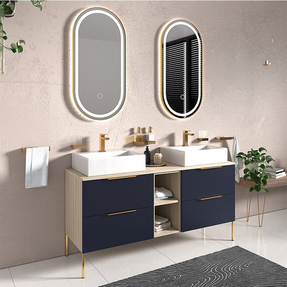 1500mm Navy Blue Double Vanity Unit with 500mm Basins & Light Oak Worktop - Alani Wall Hung (Fixtures in Gold, Black or Chrome)