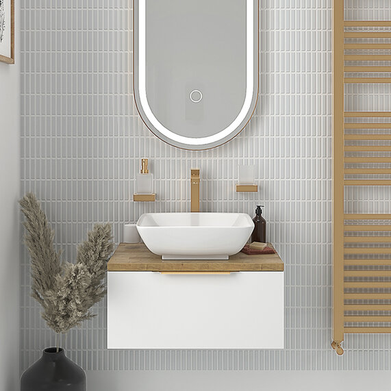 Jivana - White 600mm Wall Hung Vanity Unit with Countertop Basin and Oak Worktop - Choice of Handles