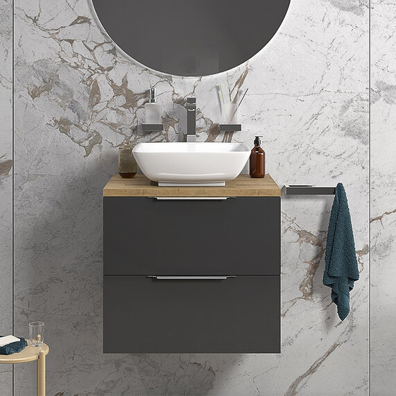 Sonix - Grey 600mm Wall Hung Vanity Unit with Countertop Basin and Oak Worktop - Choice of Handles