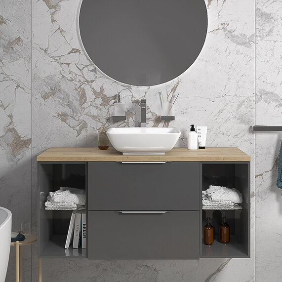 1200 Grey Wall Hung Basin Unit with Two Drawer Storage Cabinet and Solid Oak Worktop | Sonix