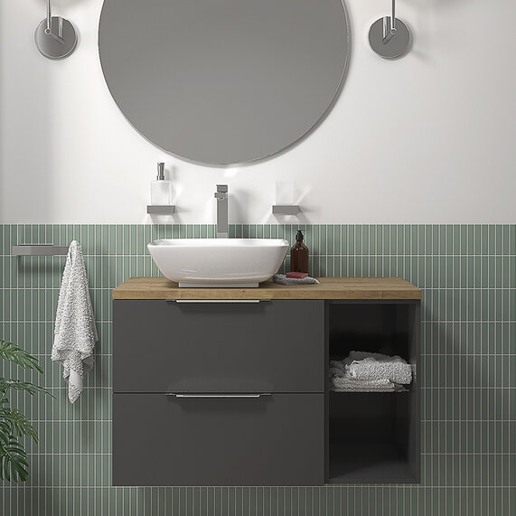 Sonix - Grey 900mm Wall Hung Vanity Unit with Solid Oak Countertop & Basin - Choice of Handles