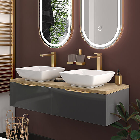 1200mm Grey Double Countertop Basin Unit with Solid Oak Top | Jivana