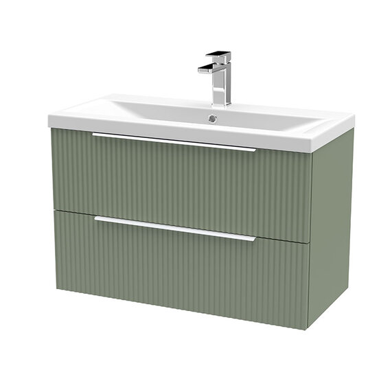 800mm Green Wall Hung Two Drawer Vanity Unit, Hudson Reed Fluted - Choice of Basin Styles