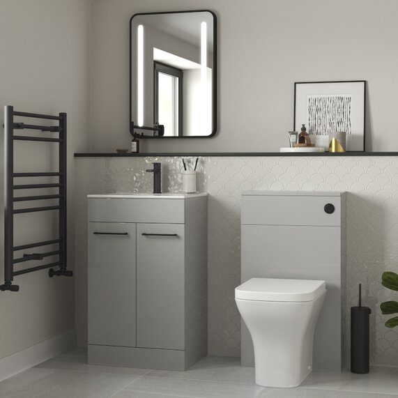 510mm Light Grey Floorstanding Bathroom Furniture with Basin, Toilet and Mirror, Vera (Black Tap Included)