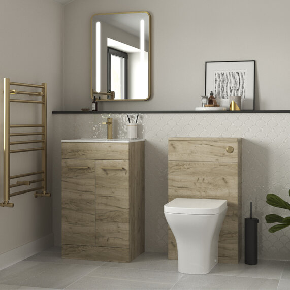 510mm Oak Floorstanding Furniture with Vanity, Toilet, Mirror with Brushed Brass Handles, Vera