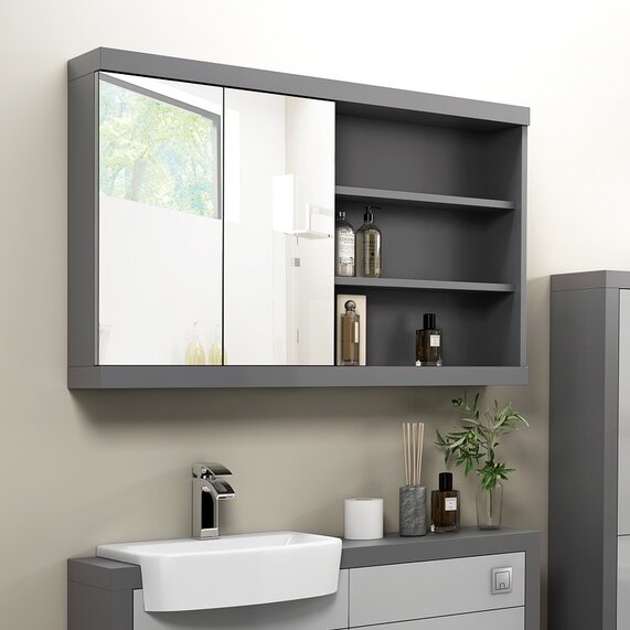 Grove Grey 2 Door Mirror Cabinet with Open Shelves 1200mm Wide