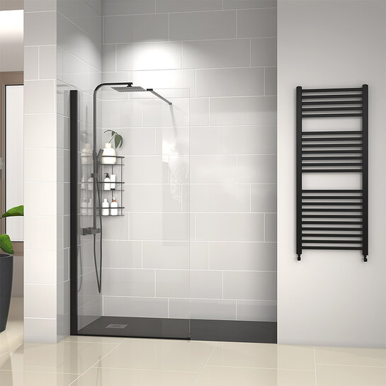 Radiant Black Walk-in with Black Slate Tray: 1500 x 800mm