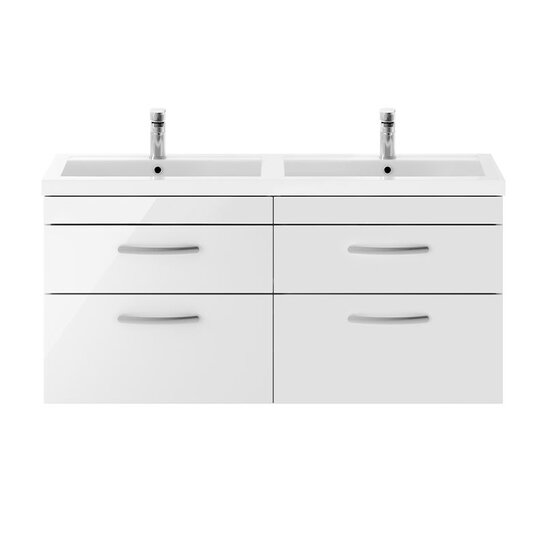 nuie athena gloss white 1200 wall hung vanity unit with double basin and four drawers