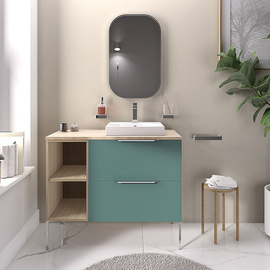 alani 900 petrol blue vanity square basin and shelves