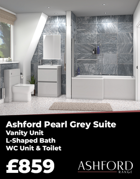 Ashford 600 Pearl Grey Bath Suite: Vanity Unit, WC Unit & Toilet, L Shape Bath