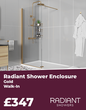 Radiant Brushed Gold 1200 Walk-in Shower Enclosure for Recess: Tray Included, Optional Hinge Panel, Optional Waste