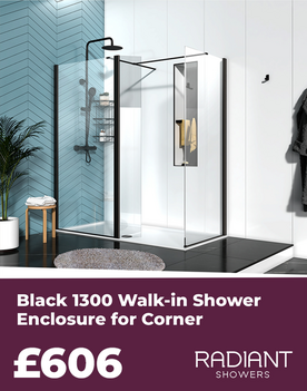 radiant 1300 walk in shower enclosure in matt black