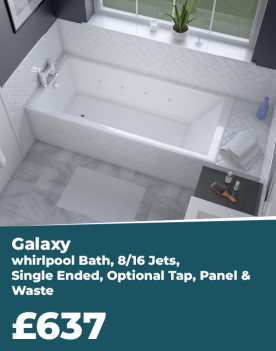 Galaxy Whirlpool Bath: 1800 x 800, 8 or 16 Jet, Single Ended, Optional Tap, Panel & Waste