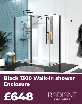 radiant 1300 walk in shower enclosure in matt black