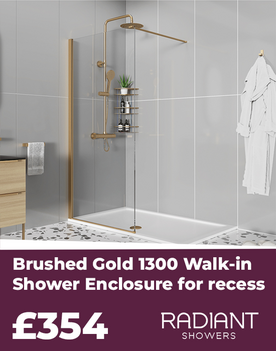 Radiant Brushed Gold 1200 Walk-in Shower Enclosure for Recess: Tray Included, Optional Hinge Panel, Optional Waste