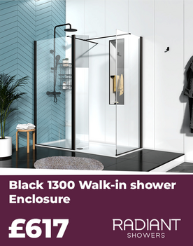 radiant 1300 walk in shower enclosure in matt black